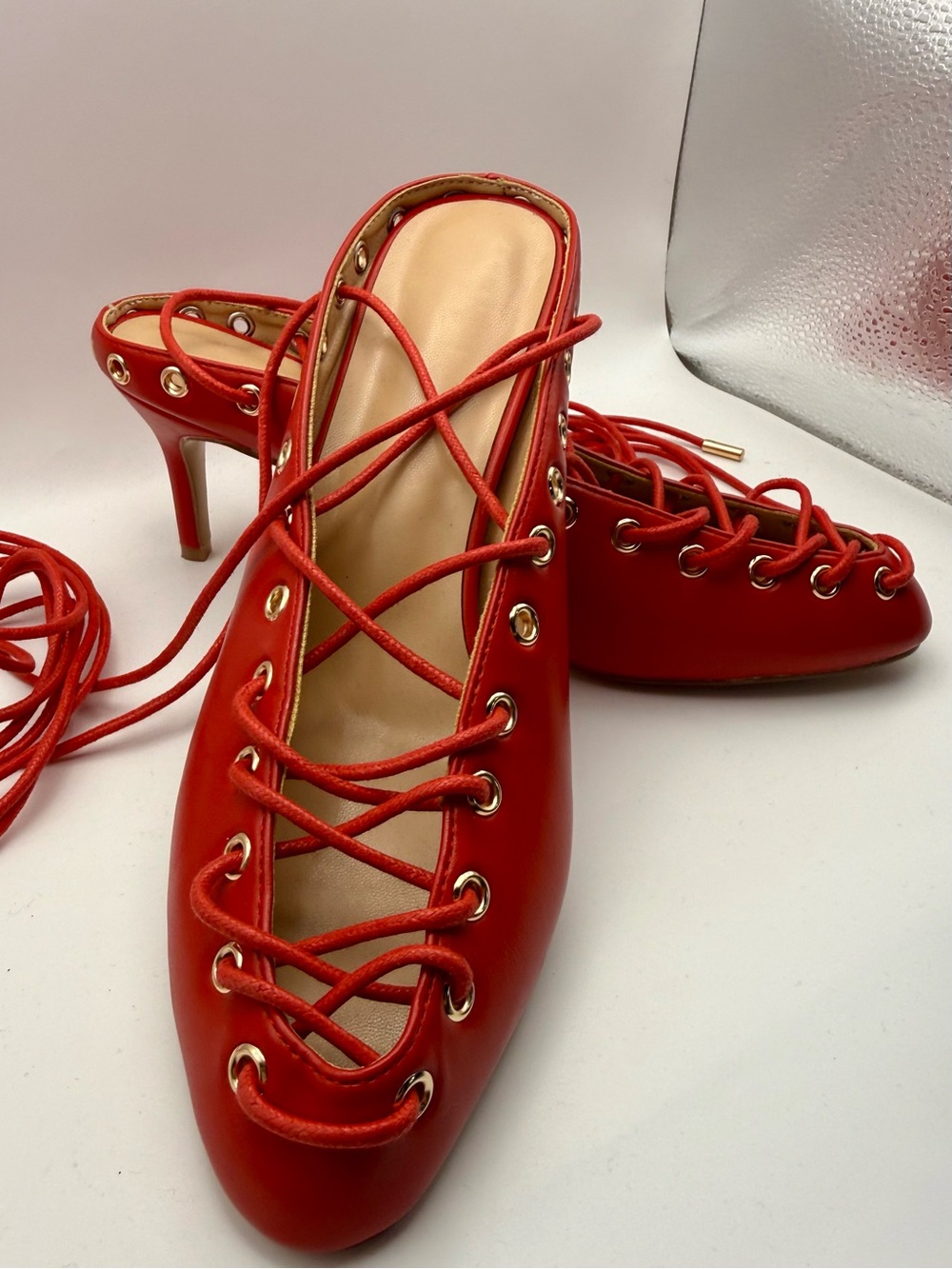 Red Lace-Up Women’s Heeled Mules